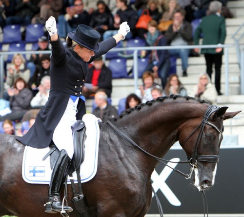 Sheer delight from Mikaela Lindh at the end of her ride. Her performance scored 71.447% and 12th place ©Ken Braddick dressage-news.com