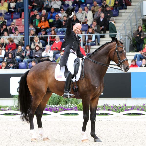 Steffen Peters on Legolas after the final salute in the Nations Cup competition. © 2013 Ken Braddick/dressage-news.com