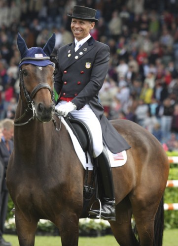 Steffen Peters and Legolas enjoy the prizegiving following the CDIO freestyle. Steffen is also debuting clothing from his new sponsor, © Ilse Schwarz dressage-news.com