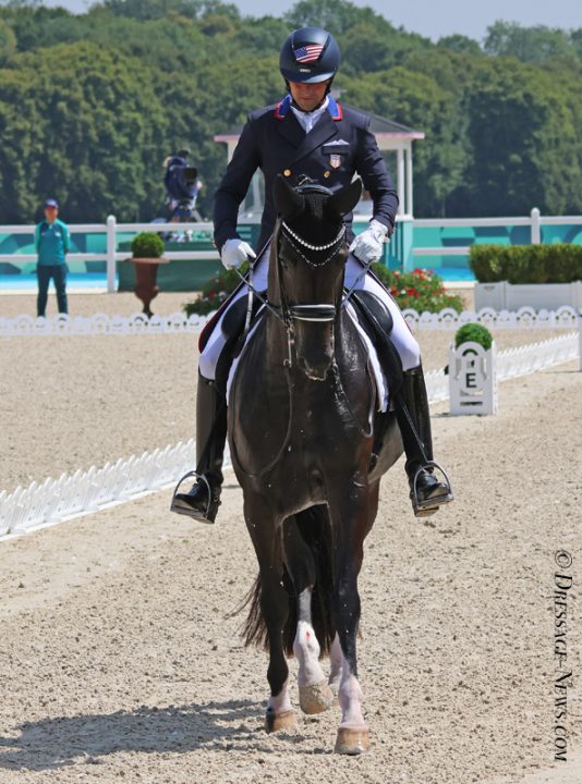 Blood showing on the right hind leg of Jane ridden by Marcus Orlob that led to the horse being eliminated from the Olympic Grand Prix team event along with the entire squad. © Ken Braddick/DRESSAGE-NEWS.com