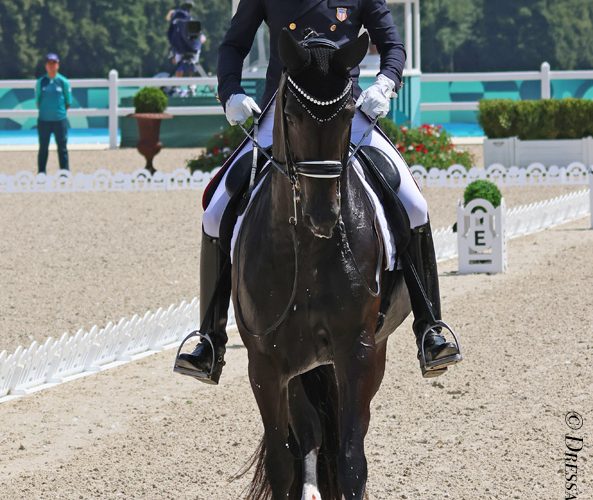 Blood showing on the right hind leg of Jane ridden by Marcus Orlob that led to the horse being eliminated from the Olympic Grand Prix team event along with the entire squad. © Ken Braddick/DRESSAGE-NEWS.com