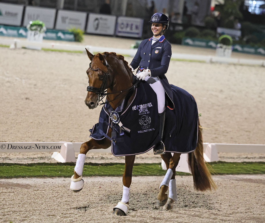 Jennifer Williams on Joppe K celebrating Wellington CDI4* Grand Prix Special victory. © 2026 Ken Braddick/DRESSAGE-NEWS.com